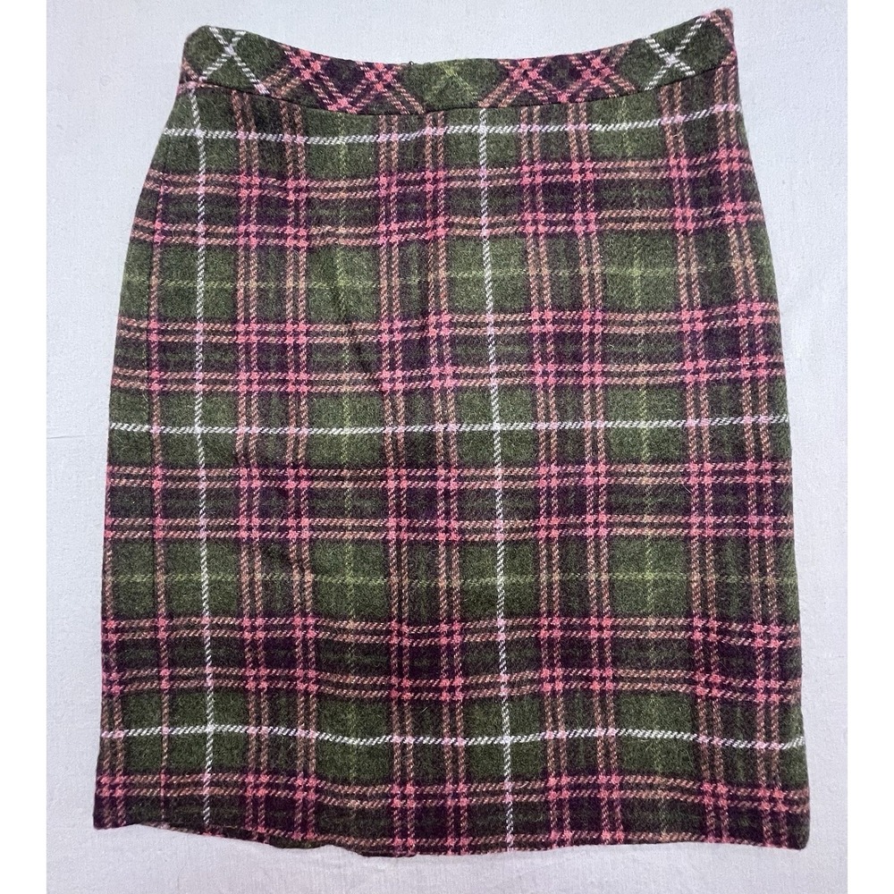 LL Bean Favorite Fit Skirt 6 Green Pink Plaid Wool Blend Preppy Classic Academia